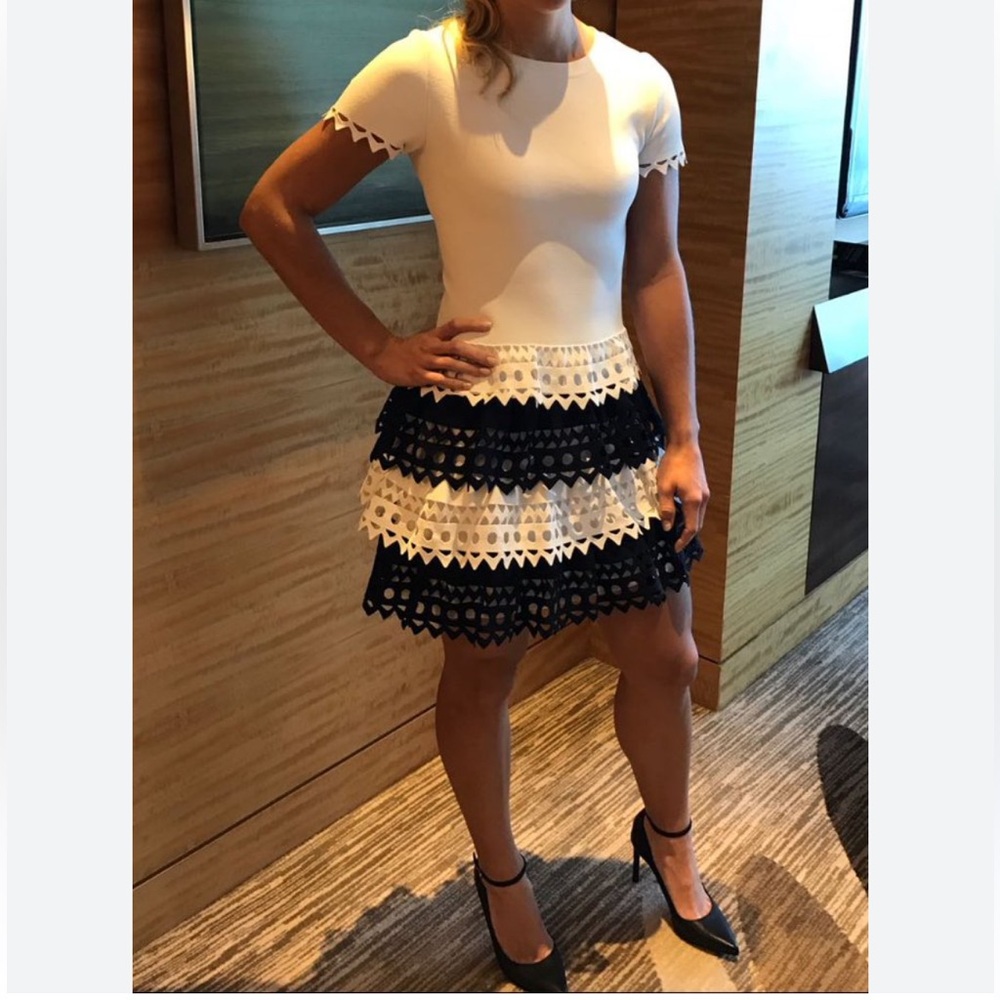 Alaïa Perforated Tiered Mini Dress in White and Blue Viscose